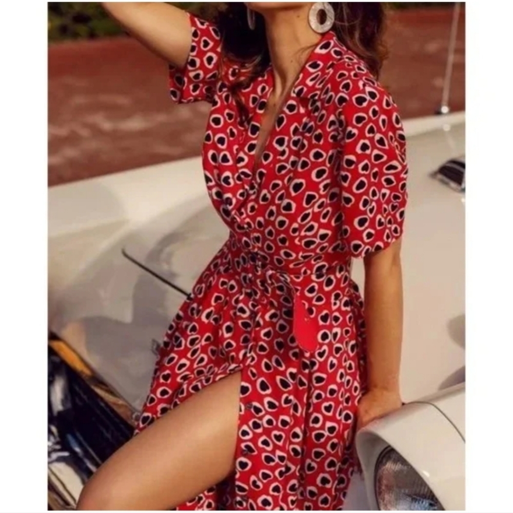J. Crew Heart Leopard Button Front Midi Dress Red White Blue Size 2 - Picture 3 of 16